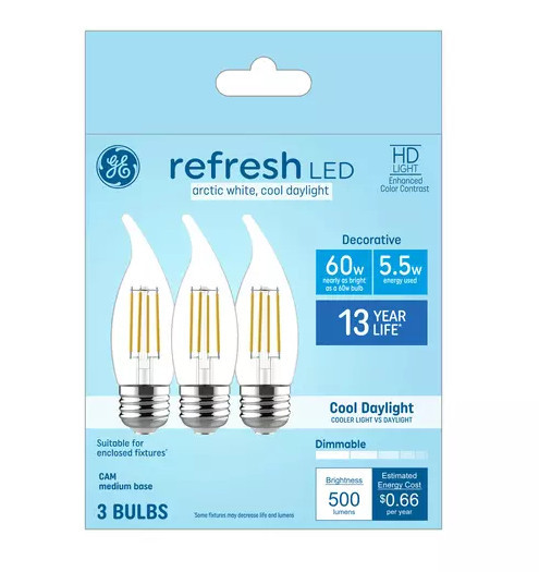 (3 bulbs) GE refresh LED cool white chandelier bulbs, 60 watt equivalent, 5.5 watt, 500 lumens, Dimmable, medium base (CAM) LED 6500K arctic white decorative bulb