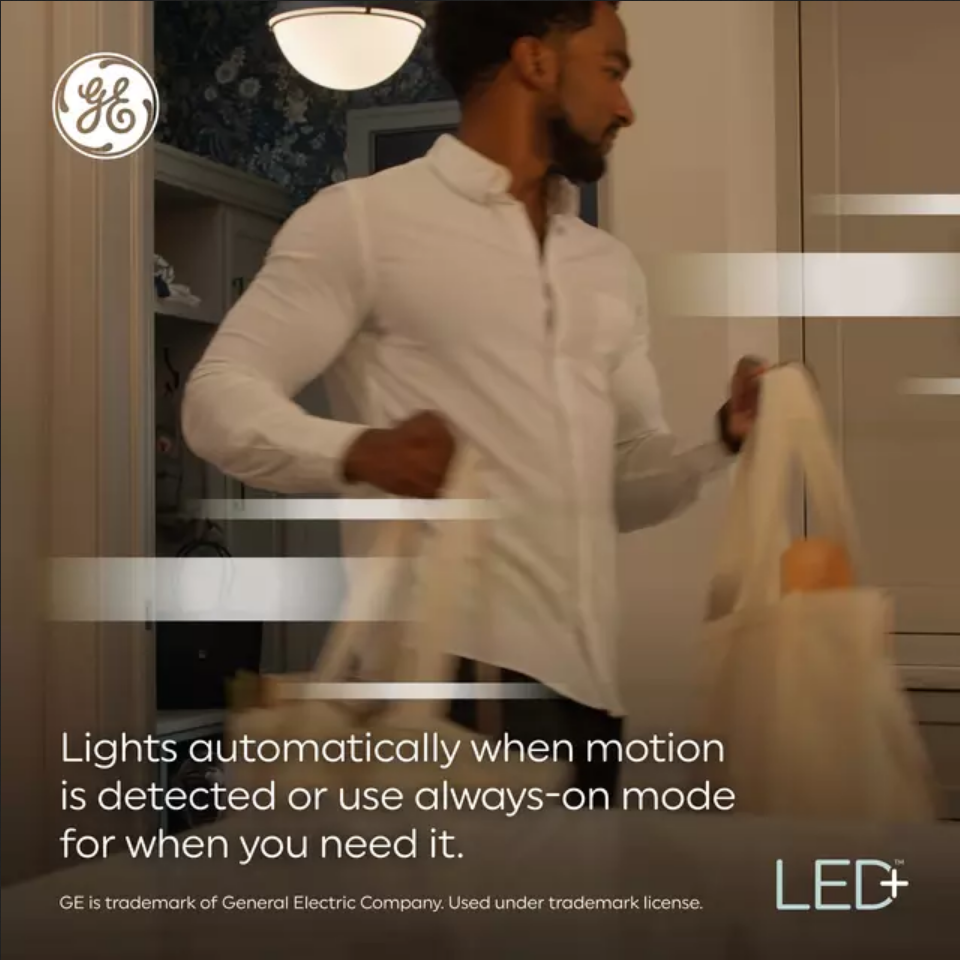(3 bulbs) GE LED+ Motion Sensing LED Light Bulb, 12 watts, 1100 lumens, 75 watt replacement, warm white, lights automatically when motion is detected, LED A21 Light Bulb