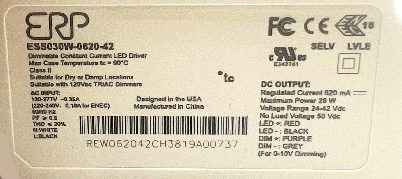 ERP ESS030W-0620-42 LED Power Supply 120-277 Vac, 87% eff, Rectangular Plastic Case, Forward/Reverse Phase & 0-10V dimming, 1-100% dim Range, 26.0 W max, 620 mA Iout, 42 V max Vout