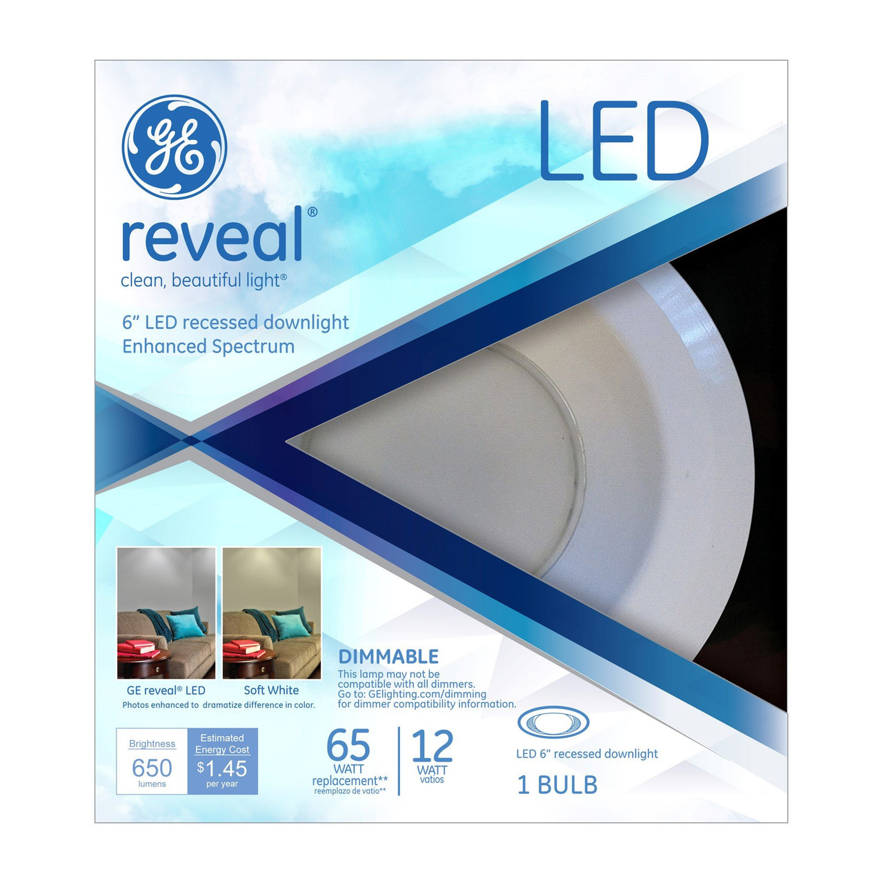 GE Lighting 83572 Reveal LED 12-Watt (65-watt replacement), 650-Lumen  6-inch RS6 Recessed Downlight Bulb with Medium Base, Reveal, 1-Pack