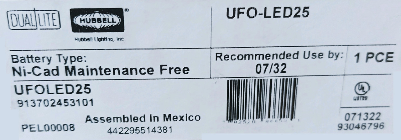 Hubbell LED Emergency Battery Pack UFO-LED25, 120/277 Vac, emergency back up battery power 