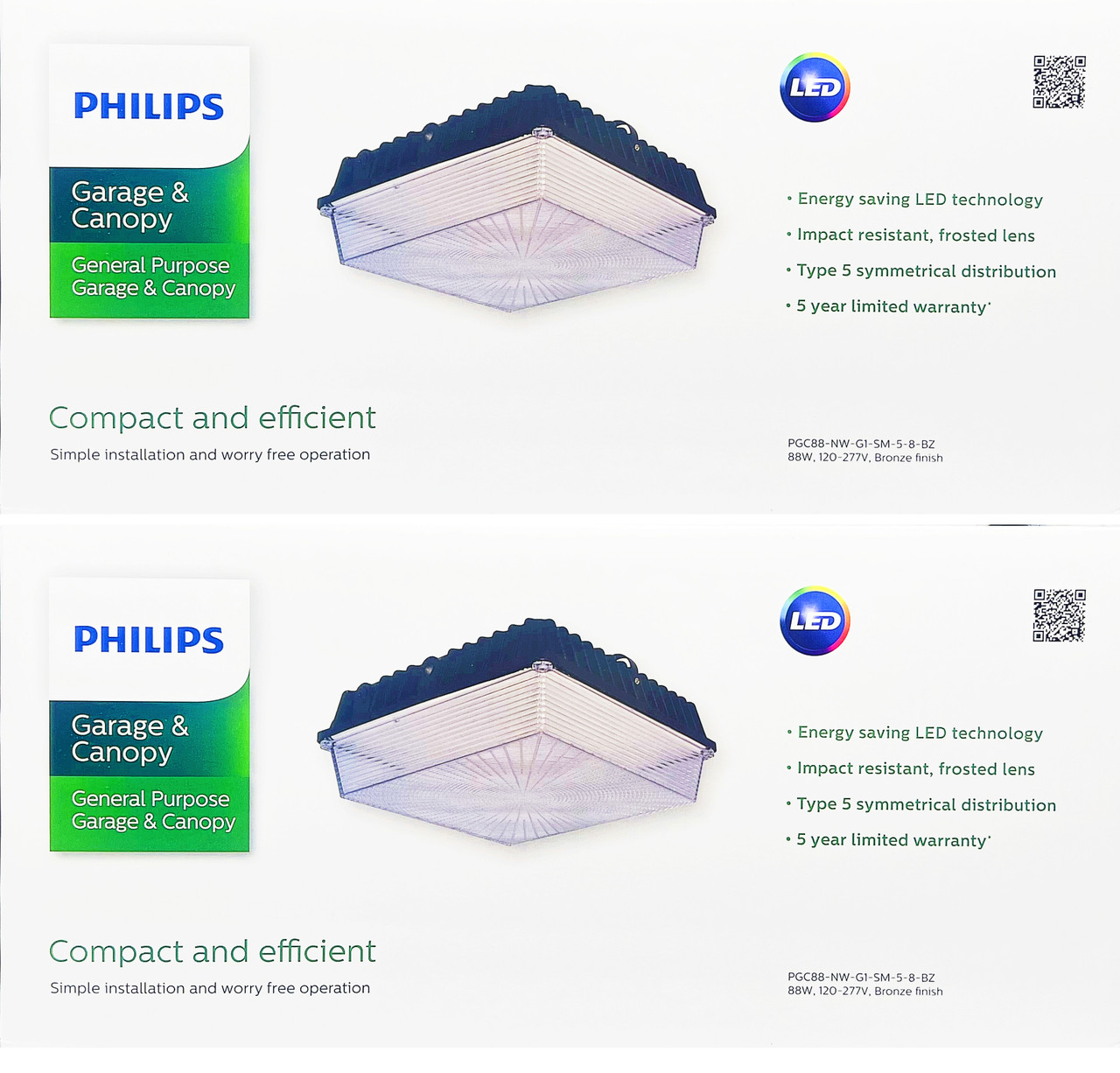 (quantity of 2) Philips Garage & Canopy LED Light, 88 watt, frosted lens, 4000K Neutral White, 10500 lumens, PGC88-NW-G1-SM-5-8-BZ, surface mount