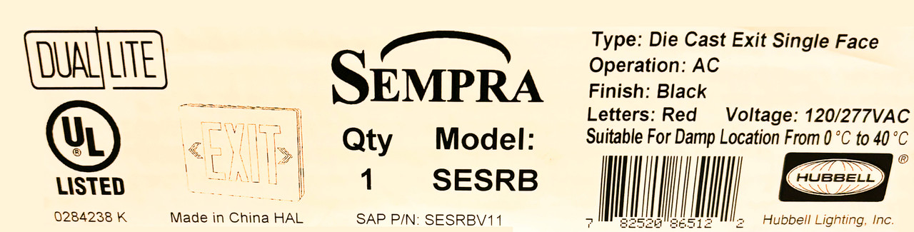 (case of 4) Hubbell DualLite SESRB Die Cast Aluminum LED Exit Sign,  Black with Red Letters, 120/277 VAC, Suitable for Damp Location, Single Face 