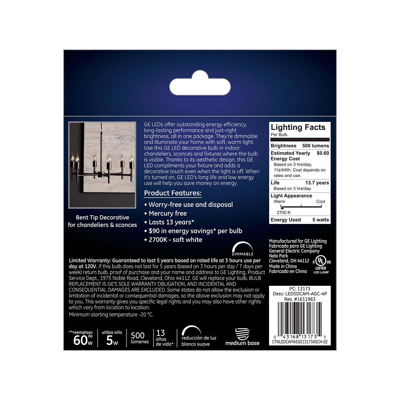 GE Lighting 13173 Clear Finish Light Bulb Dimmable LED Soft White Decorative 5 (60-Watt Replacement), 500-Lumen Medium Base Bent Tip, 4 Piece