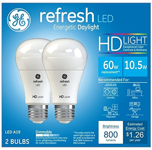 GE Refresh LED A19 Light bulb, pack of 2 bulbs, 10.5 watts, 800 lumens, 5000K Daylight, Dimmable