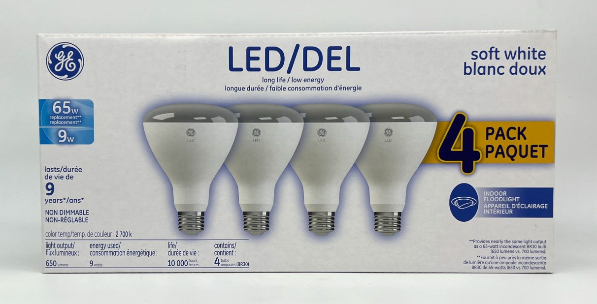 (4 pack) GE 29913 soft white LED 65 watt equivalent BR30 LED light bulb, 9 watt, 650 lumens, soft white