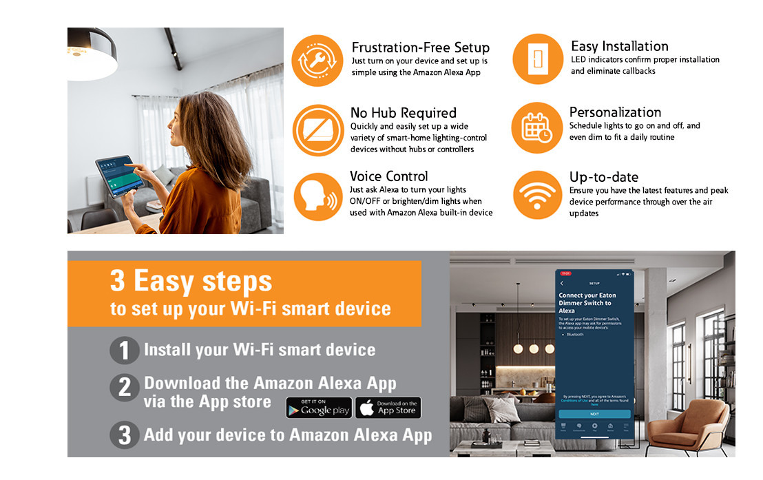 Eaton WFD30-C2 Wi-Fi Smart Universal Dimmer Works with Alexa, Color Change Kit (White/Light Almond/Ivory) – A Certified for Humans Device