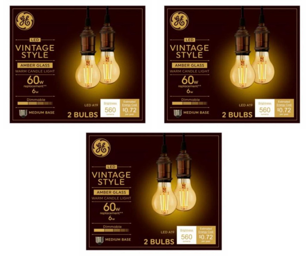 (6 bulbs) GE 48556 Vintage Style, Amber Glass A19 LED Light Bulb, 60 watt equivalent, 560 lumens, medium base, Dimmable