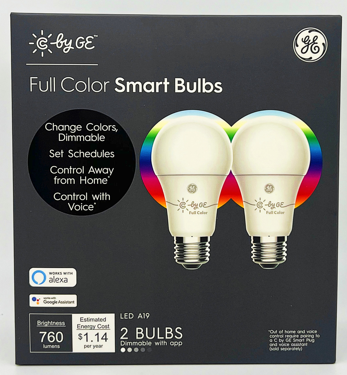  (2 bulbs)GE CYNC Smart LED Light Bulbs, Color Changing, Bluetooth Enabled, Works with Alexa and Google