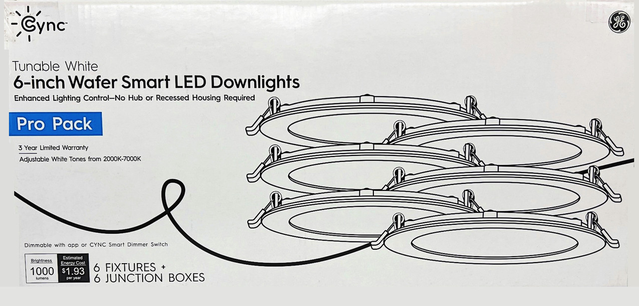 (6 LED wafers) GE Cync 6 inch Wafer Pro Pack Smart LED Downlight, Tunable White, from 2000K to 7000K, 1000 lumens, 16 watts,  Dimmable with app or Cync Smart Dimmer Switch