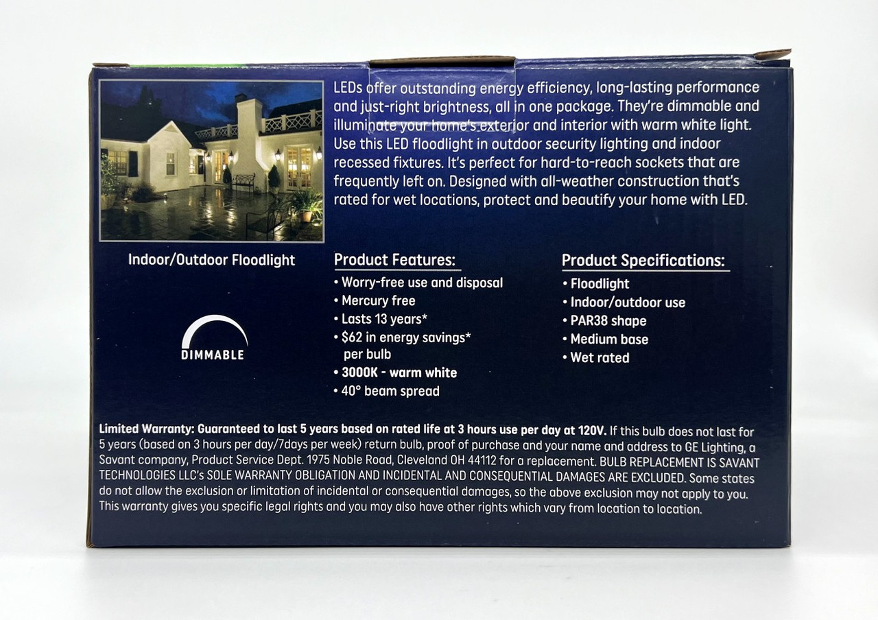 (2 bulbs) GE Lighting LED PAR38 Indoor/Outdoor FloodLight, 7 watt, 500 lumens, Dimmable, 3000K warm white, medium base