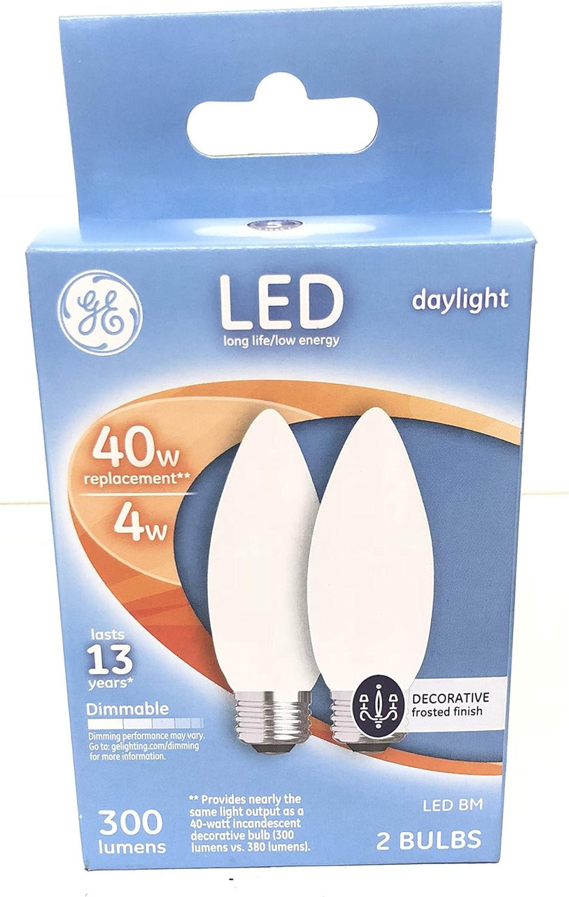(2 bulbs) Ge 25963 Decorative LED Chandelier bulb, 4 watt, 300 lumen, Daylight, Dimmable, frosted finish, medium base
