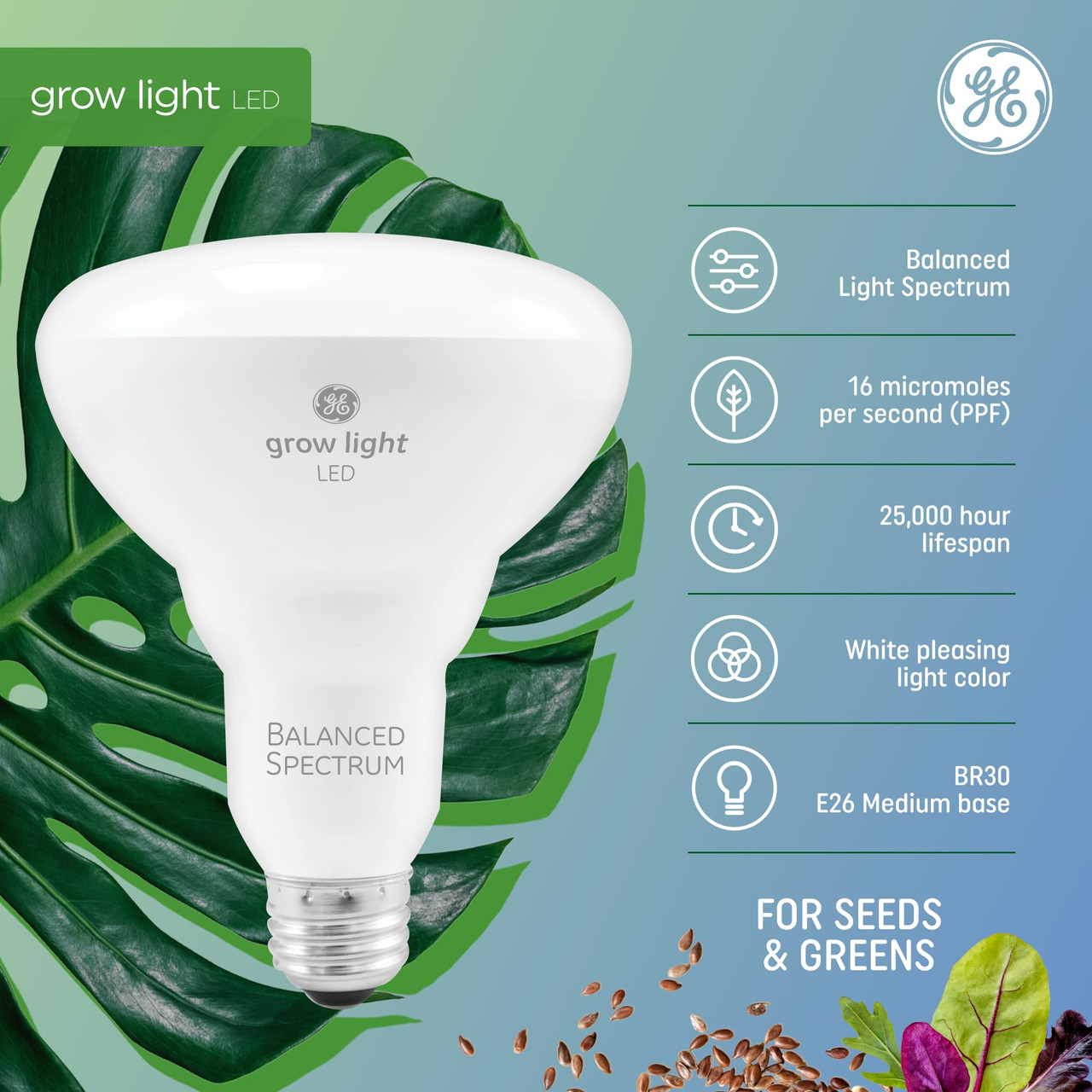 GE Grow Lights for Indoor Plants, BR30 Indoor Floodlight, LED Light Bulbs for Seeds and Greens with Balanced Spectrum, 25,000 Hours Lifespan, 16 PPF, 2 Pack (Packaging May Vary)