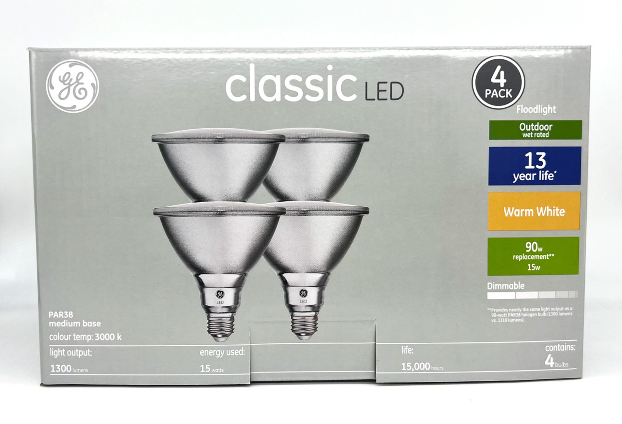 (4 bulbs) GE classic LED PAR38 Floodlight, 15 watt, 1300 lumen, warm white, outdoor wet rated, dimmable, medium base