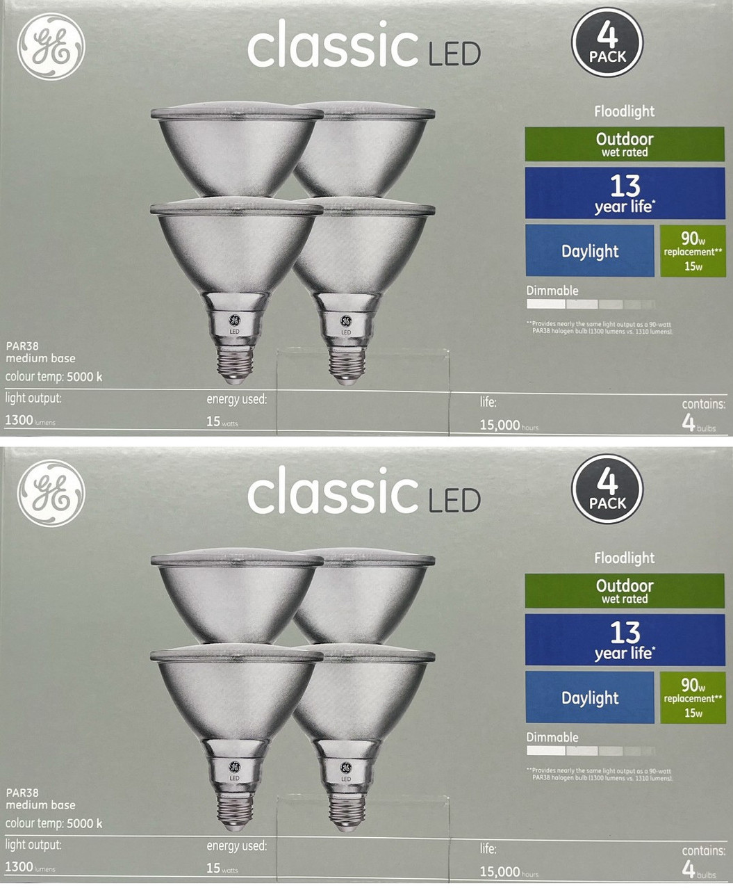 (8 LED bulbs) GE Classic LED PAR38 FloodLight, Daylight, 15 watts, 1300 lumens, Dimmable, 5000K Color Temp, Medium Base, Suitable for Outdoor Use, Medium base
