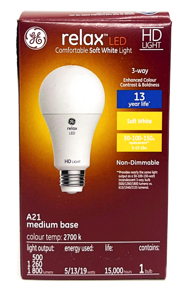 GE relax LED A21 3-way Light Bulb, 5, 13 or 19 watts, soft white HD Light, 500, 1260 and 1800 lumens, medium base, equivalent to 50-100-150w 