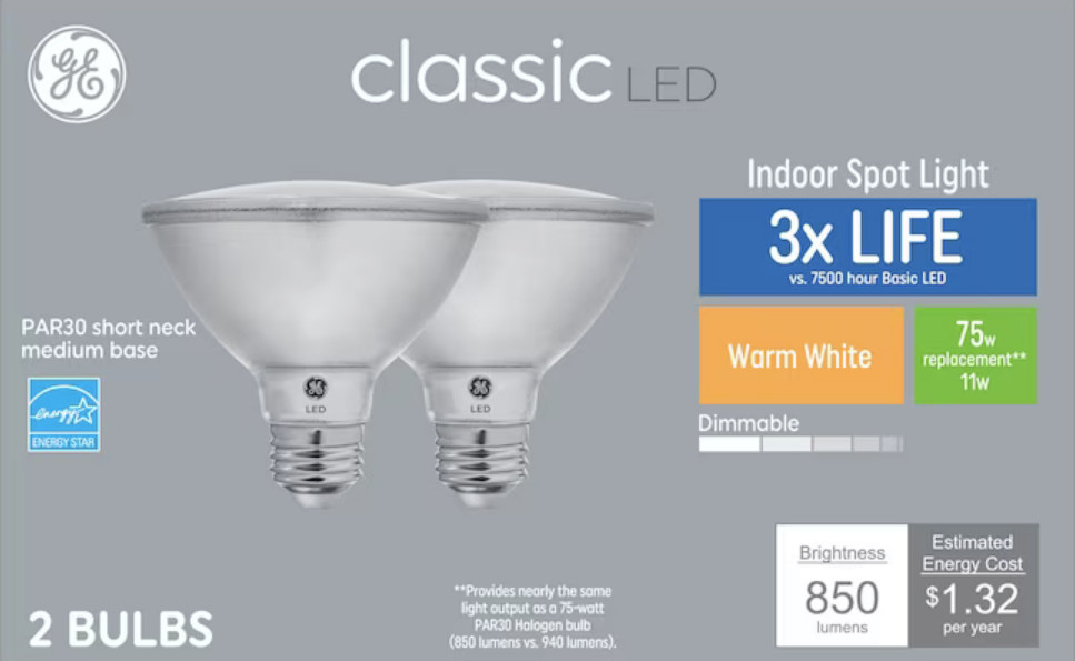 (6 bulbs) GE classic LED PAR30 Shortneck, 75 W Equivalent, Dimmable Warm White Par30 Shortneck, 11 watt, 850 lumen LED Light Bulb Indoor Spot Light