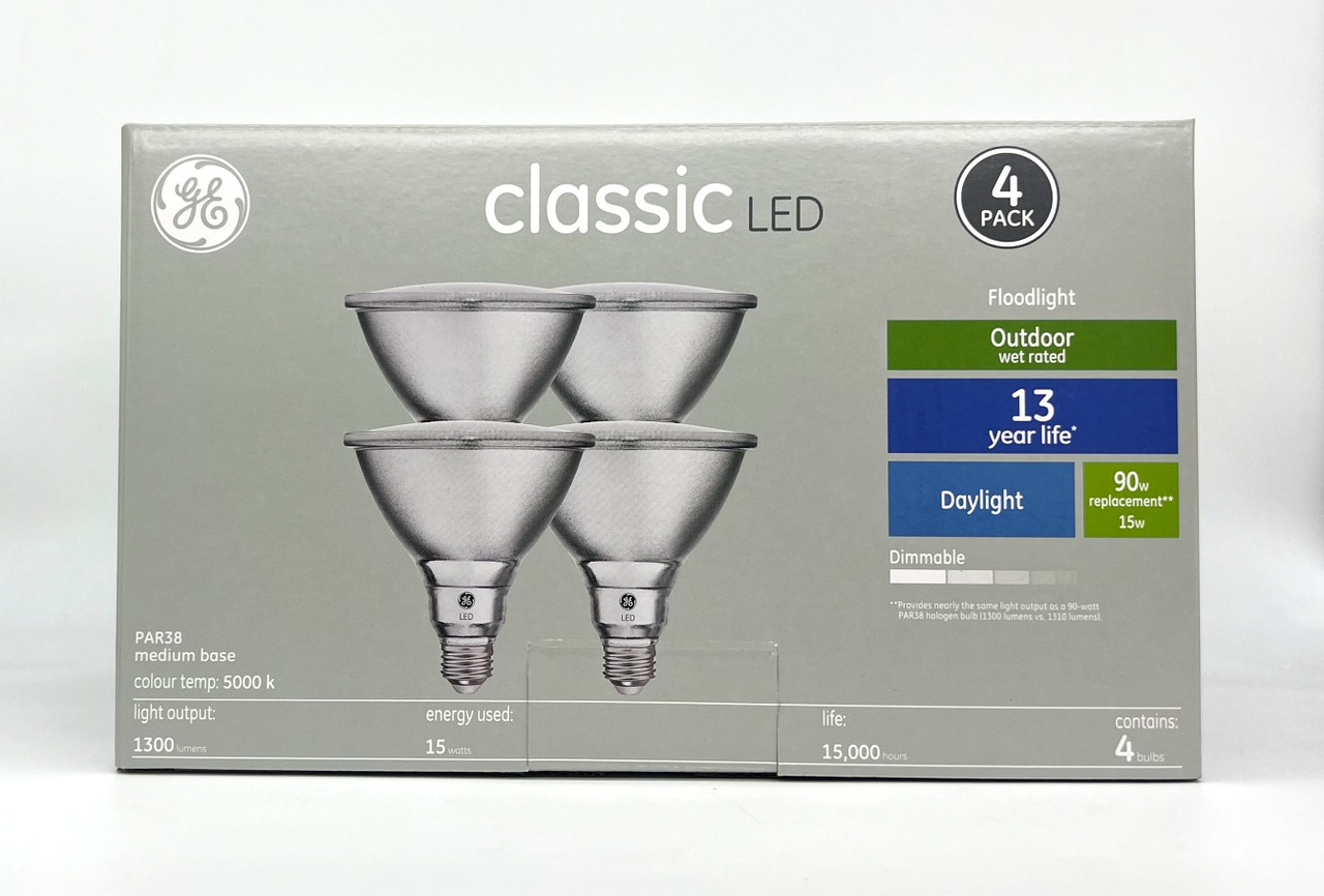 (4 LED bulbs) GE Classic LED PAR38 FloodLight, Daylight, 15 watts, 1300 lumens, Dimmable, 5000K Color Temp, Medium Base, Suitable for Outdoor Use, Medium base