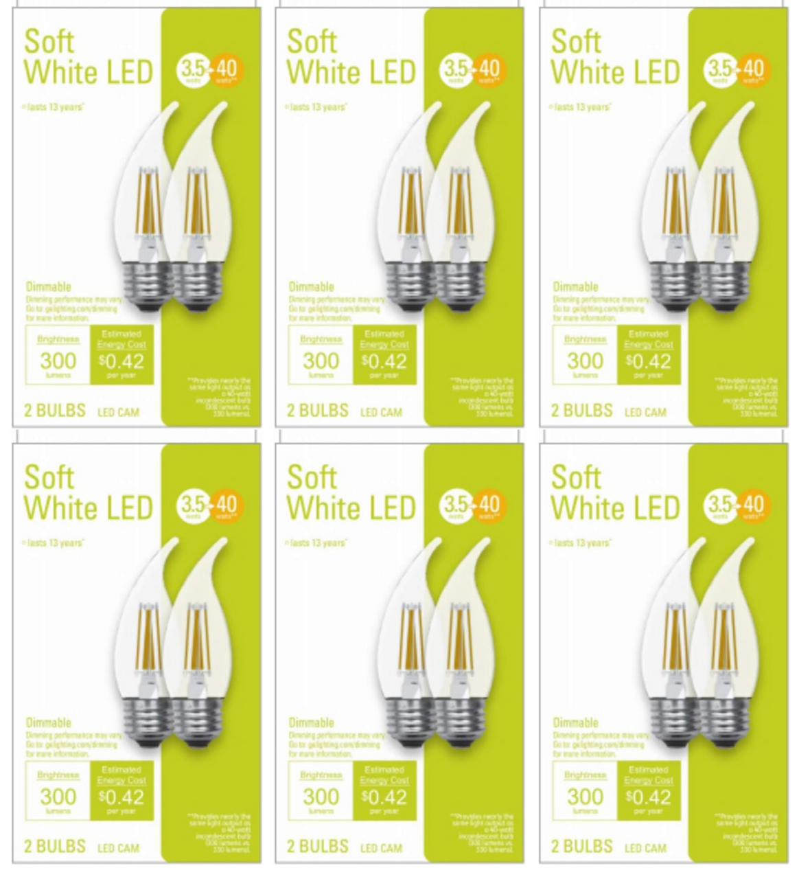 (Mega Bulk case of 72 LED bulbs) GE Lighting Decorative LED Light Bulb, Clear, 3.5 watt, 300 lumen, 2700K warm white, bent tip,  medium base, Dimmable