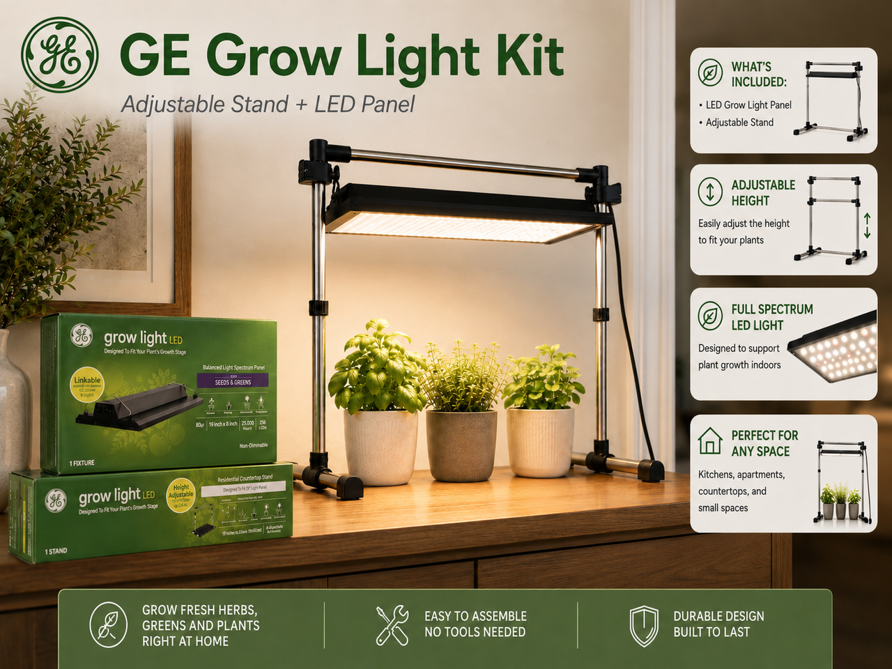GE grow light LED Seed Starter KIT-- LED Light Panel and Light Stand, for Seeds and Greens