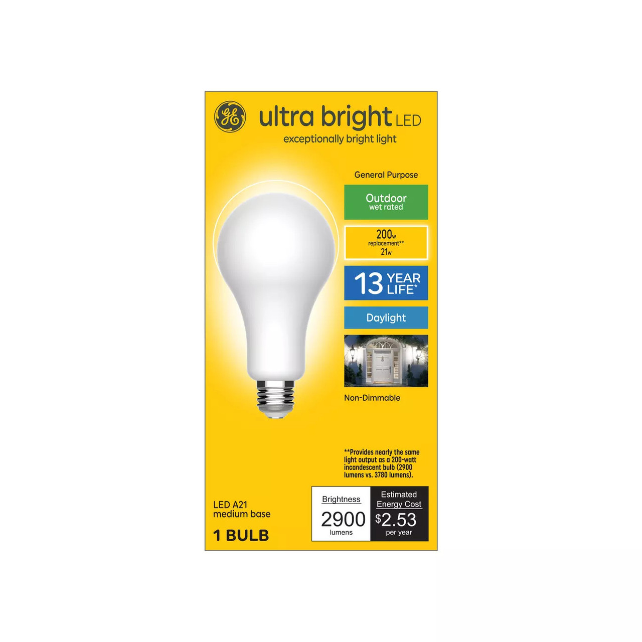 GE Ultra Bright LED A21, 200 Watt Replacement, 2900 lumens, 21 watts, Daylight 5000K, A21 General Purpose LED Light Bulb