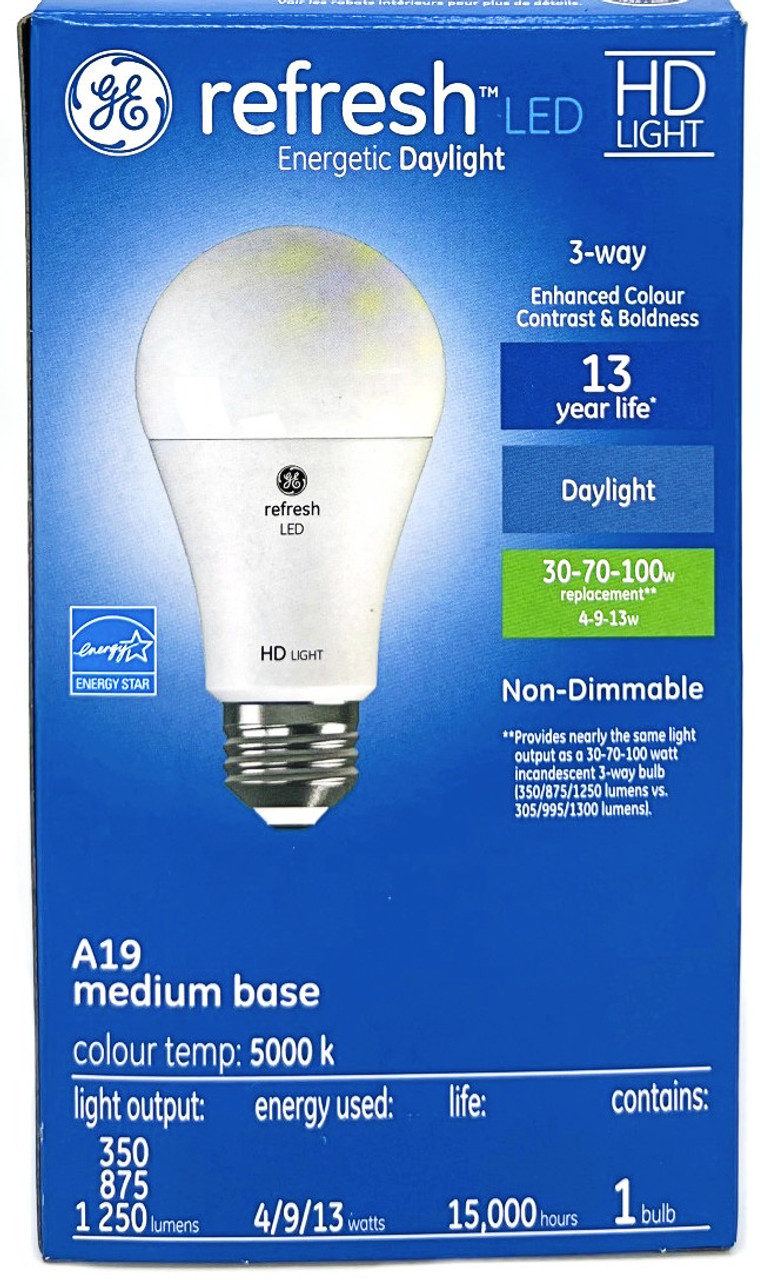 GE refresh LED 3-way Light Bulb, A19 shape, 4, 9, 13 watt emitting 350, 875 and 1250 lumens, Energetic Daylight 5000K, HD Light-- enhanced color contrast & boldness, 3 way LED Light Bulb