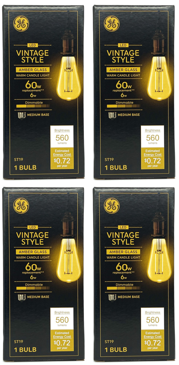 (4 bulbs) GE Vintage LED ST19, Amber Glass, 6 watts, 560 lumens, Dimmable, Medium base, Vintage Style LED Light Bulb