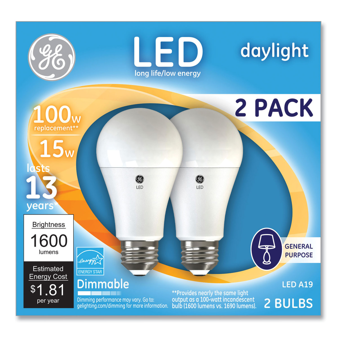 (2 bulbs) GE LED A19, 15 watt, 1600 lumens, Dimmable, Daylight 5000K, Medium Base, 