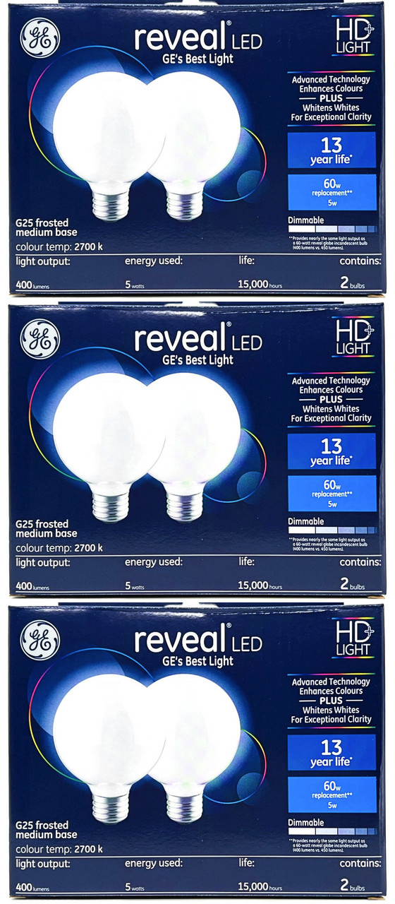 (6 bulbs) GE reveal LED HD+ Color-Enhancing G25 Globe, 5 watt, 400 lumen, Dimmable LED Decorative Globe Medium Base Frosted  G25 Bulb, 60 watt replacement