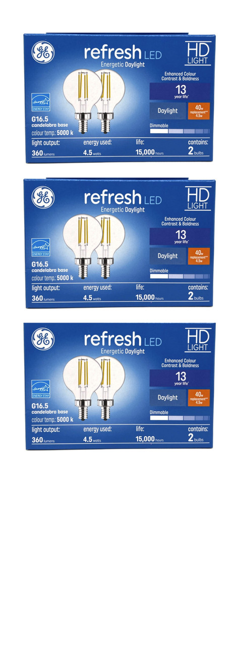 (6 bulbs) GE refresh LED G16.5, Candelabra Base, 4.5 watt, 360 lumen, Dimmable, Daylight, Clear, HD Light Enhanced Color, LED Light Bulb