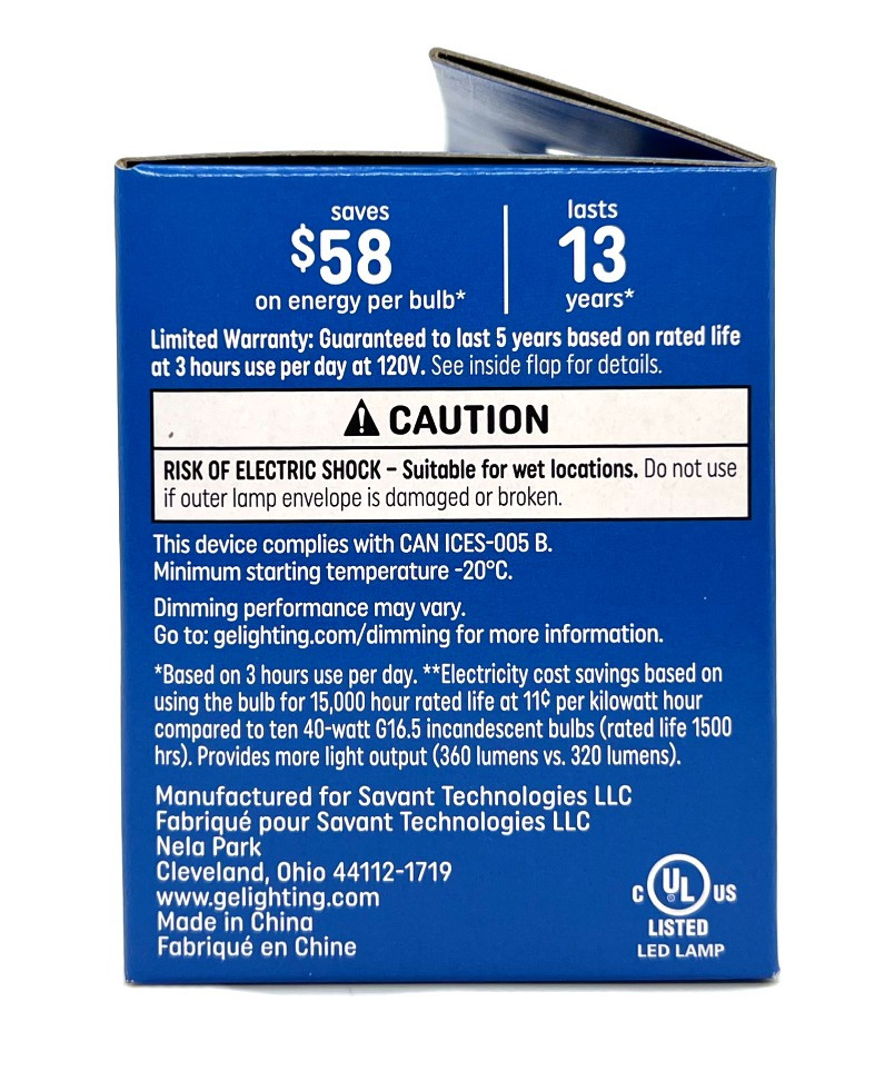 (6 bulbs) GE refresh LED G16.5, Candelabra Base, 4.5 watt, 360 lumen, Dimmable, Daylight, Clear, HD Light Enhanced Color, LED Light Bulb