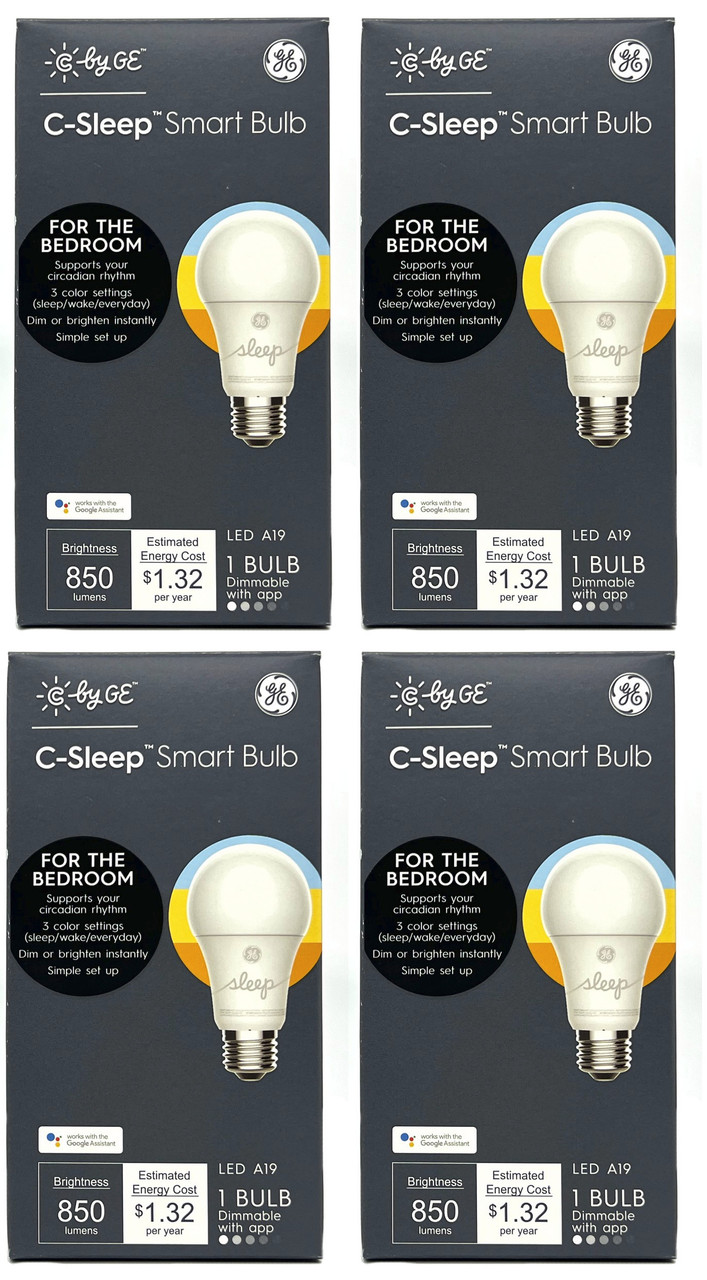 (case of 4) GE LED A19 Smart Bulb, C by GE, Sleep Smart Bulb, 3 color settings, 11 watts, 850 lumens, works with google assistant