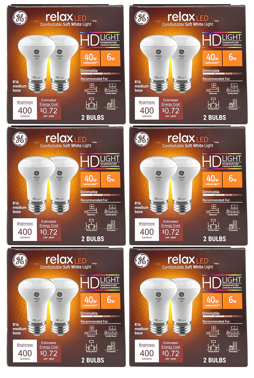(case of 12 bulbs) GE relax LED R16 Light Bulb, 6 watt, 400 lumens, Dimmable, HD Light, exceptional contrast and brightness, comfortable soft white light, 2700K