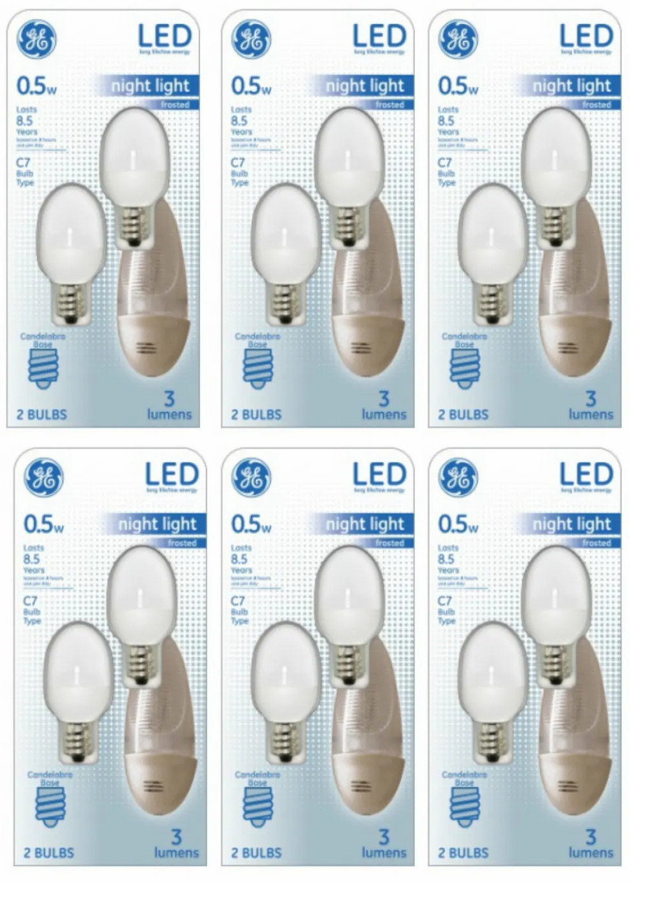 (case of 12 bulbs) GE Lighting 14150 0.5 Watt Candelabra E12 C7 Soft White Night Light LED Bulbs 