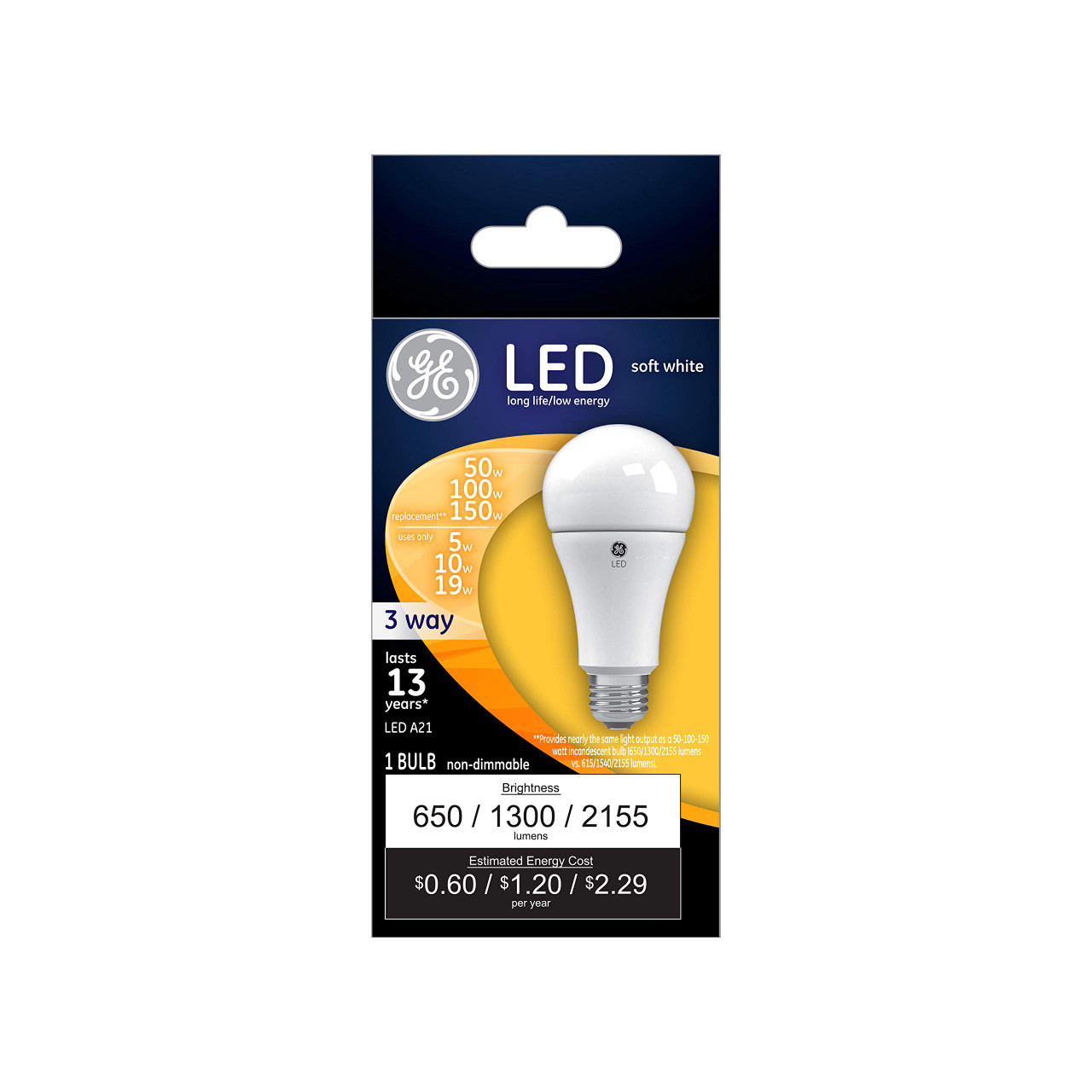 GE Lighting 24132 Soft White LED 3-Way 50/100/150-Watt Replacement A21 Bulb Medium Base,1-Pack