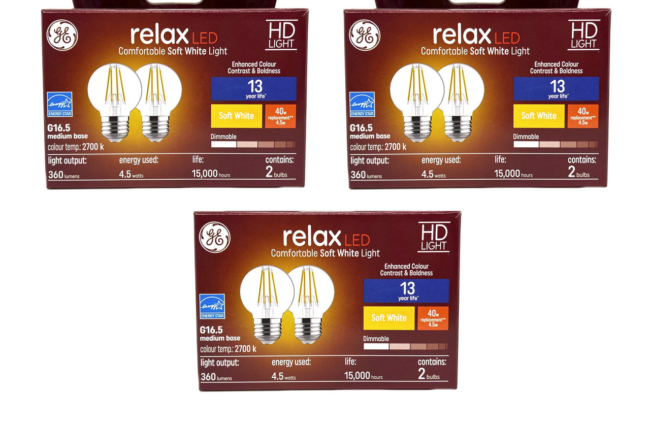(6 bulbs) GE relax LED G16.5 Light Bulb, 4.5 watts, 360 lumens, Dimmable, Soft White 2700K, Medium Base, 40 watt equivalent, LED Globe G16.5