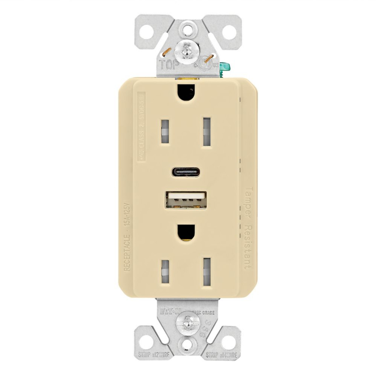 Eaton Receptacle Plug with 5 amp USB Charging, USB Type A and Type C, without adapters, 15A, 125V 5-15R Receptacle, Ivory, TRUSBAC15V 