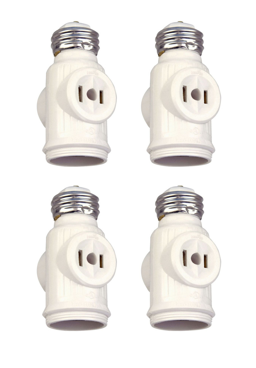(case of 4) Eaton socket adapter, One socket to one socket with two 250W NEMA 1-15R outlets, 125V, Medium base, White, Thermoplastic, 715-3W-SP