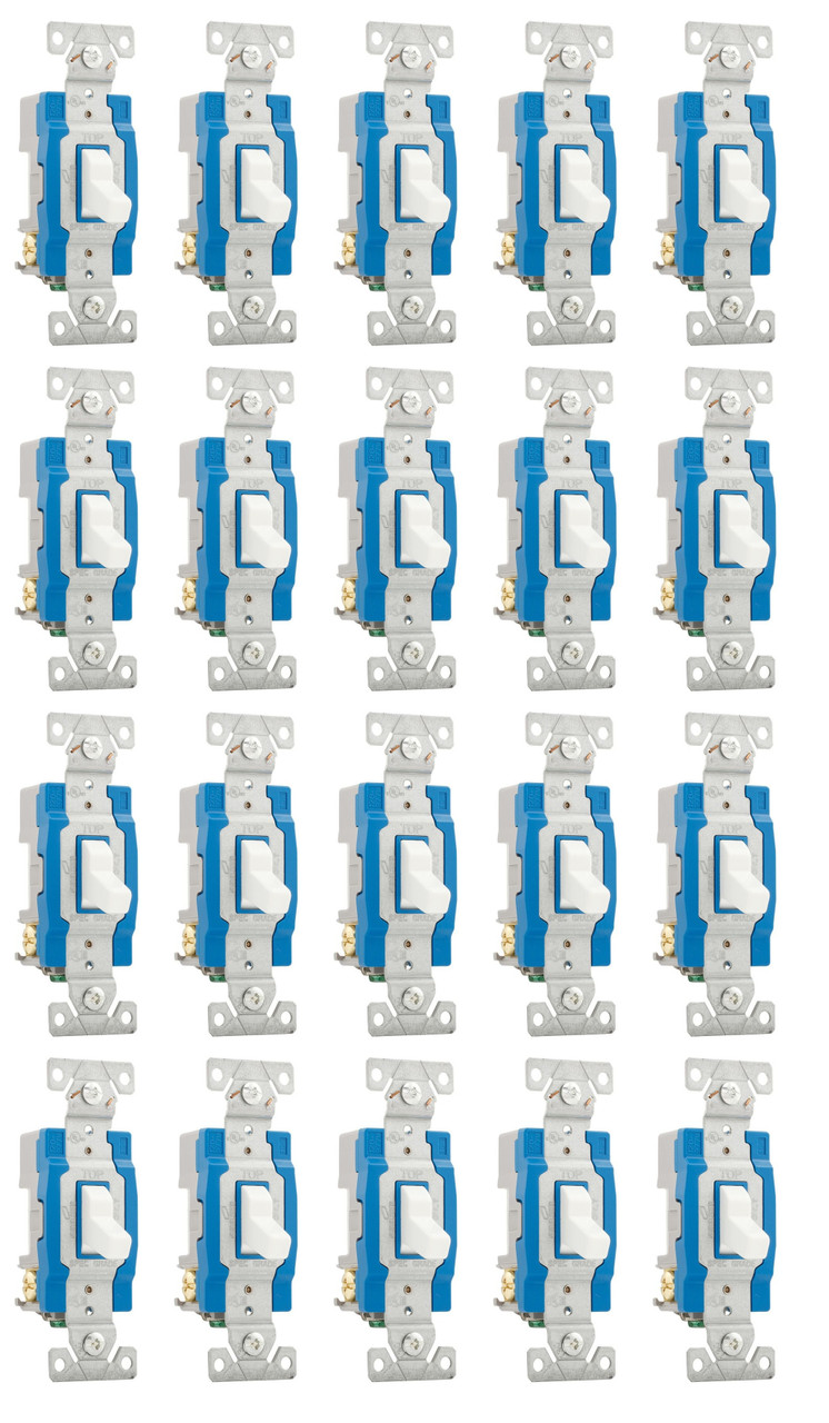 (case of 20) Eaton construction grade toggle switch, #14-10 AWG, 15A, Wall, 120/277V, Back and side, Screw, White, Three-Way, Polycarbonate