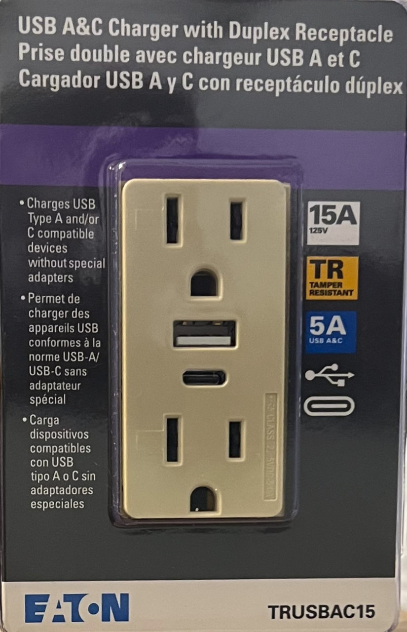 (case of 4) Eaton Receptacle Plug with 5 amp USB Charging, USB Type A and Type C, without adapters, 15A, 125V 5-15R Receptacle, Ivory, TRUSBAC15V 