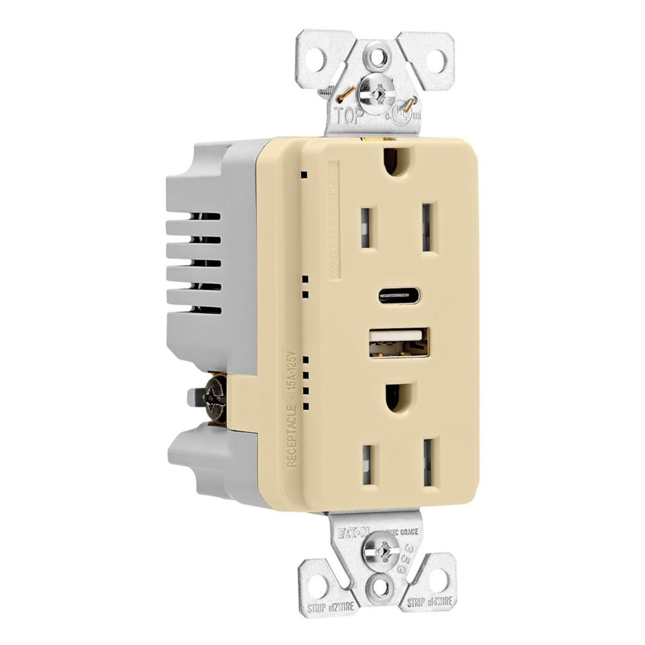 (case of 4) Eaton Receptacle Plug with 5 amp USB Charging, USB Type A and Type C, without adapters, 15A, 125V 5-15R Receptacle, Ivory, TRUSBAC15V 