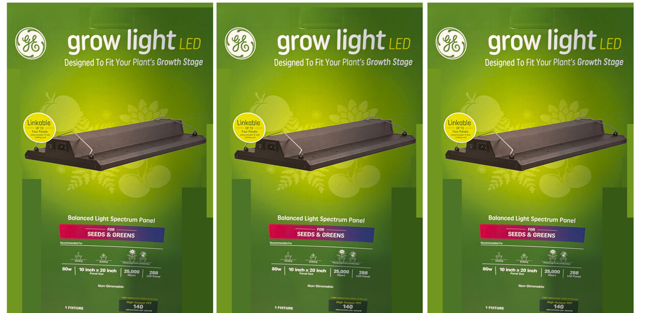 (quantity of 3) GE grow light LED for Seeds and Greens, balanced light spectrum, 10 inch x 20 inch LED panel, 80 watt, High Output 140 PPF (includes linking cord)