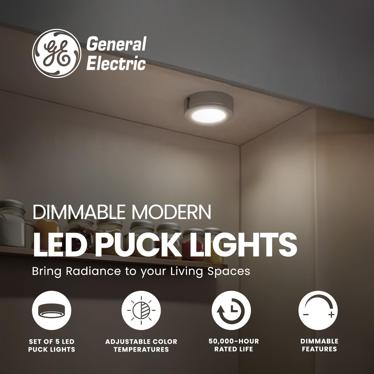 (case of 15 total pucks) GE 4 Watt Dimmable Modern Easy Linking Corded Electric ‎Ceiling Mount Plastic 5,0000 Hour 3.1 Inch Diameter LED Puck Lights, Set of 5, Silver