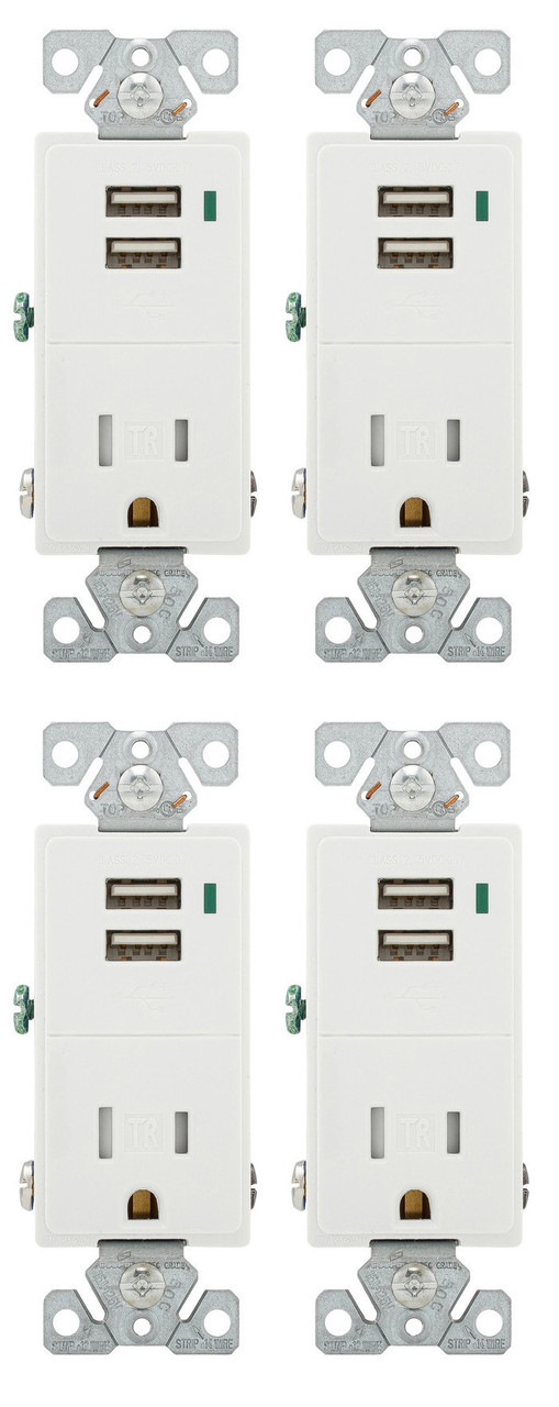 (case of 4) Eaton Wiring Devices TR7740W-BOX 15 Amp 125 VAC 2-Pole 3-Wire NEMA 5-15R White Combination USB Charger with Receptacle