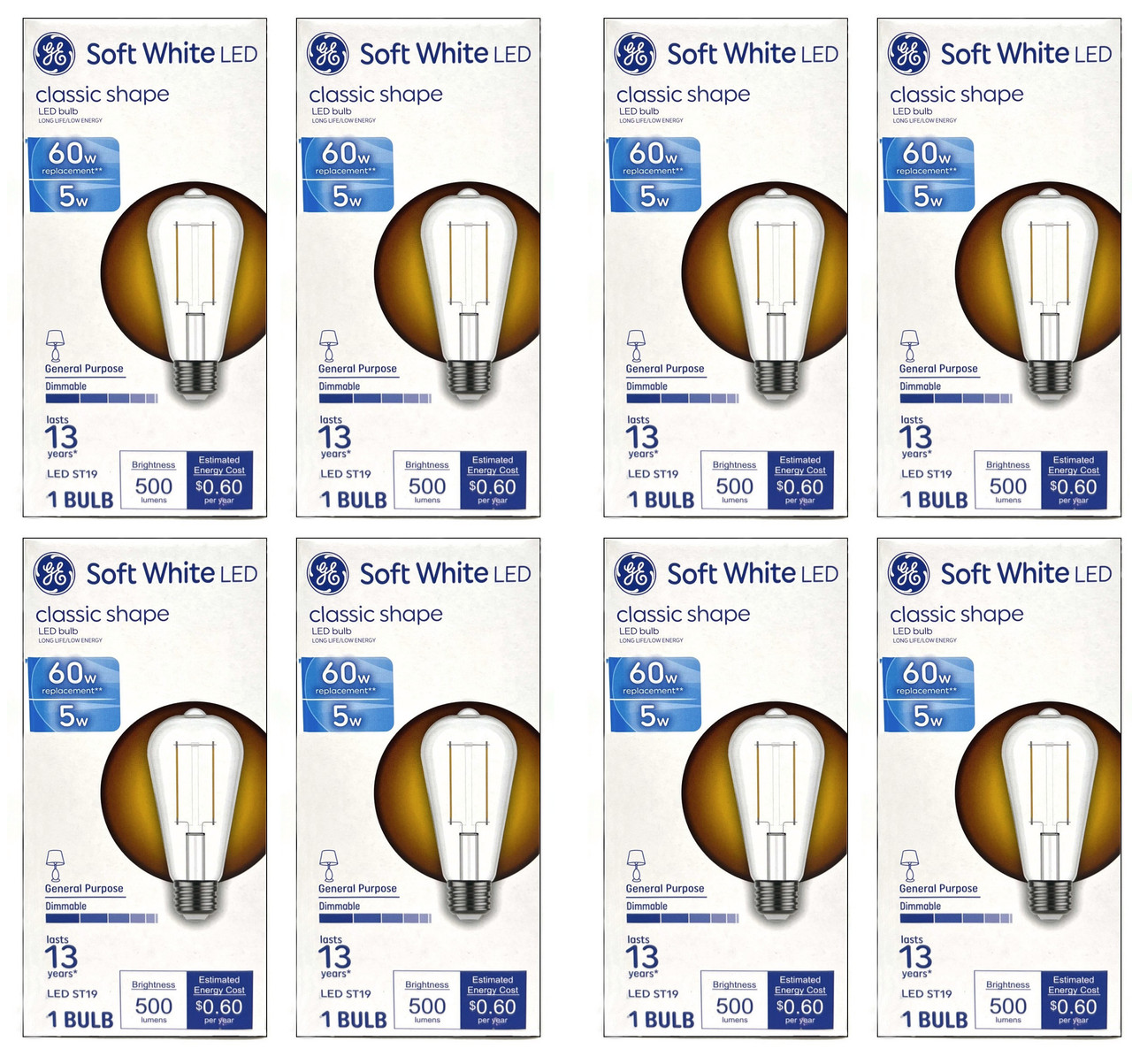 (8 bulbs) GE LED ST19 Soft White, 5 watt, 500 lumens, Dimmable, 60 watt equivalent, LED Light Bulb, medium base