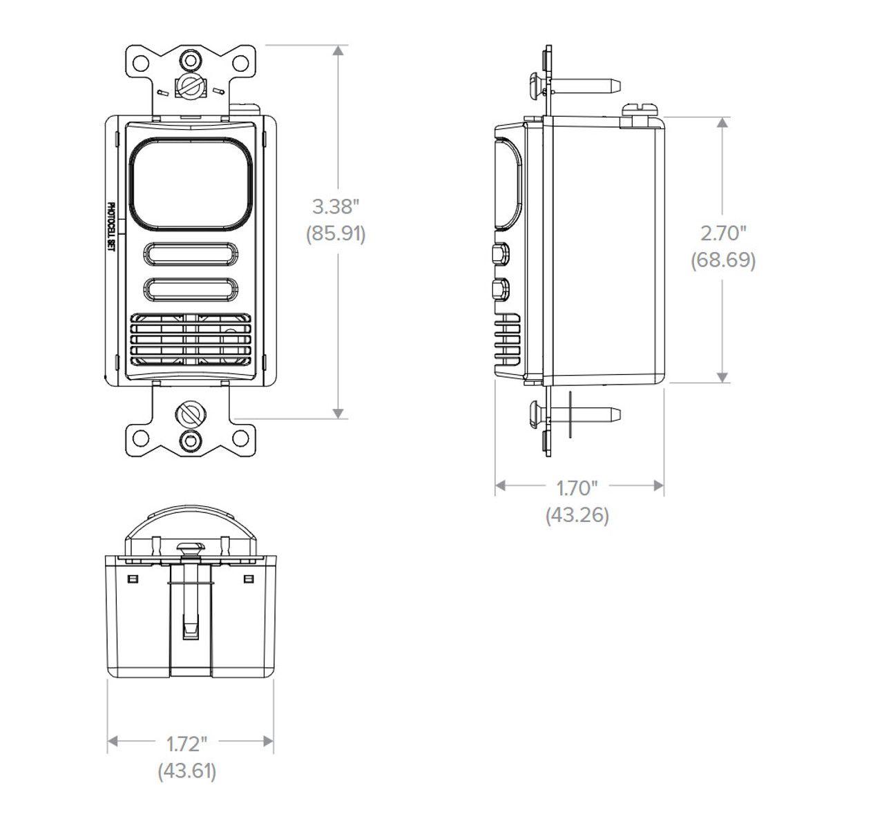 Hubbell Current LightHawk Dual Technology Wall Switch Occupancy Sensor, US/PIR, Neutral Wire, Grey, Ultrasonic and Passive Infrared, 1000 square foot coverage, 180 degree,  120/277VAC,  LHDCMTD2-N-GY