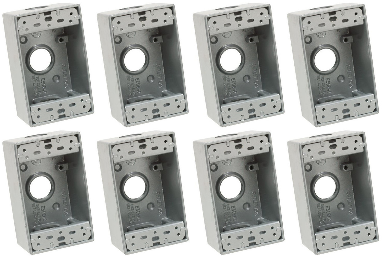 (quantity of 8) Eaton Wiring Devices 1116-SP single gang weatherproof Outlet Box,  1-gang FS Electrical Box, 3 holes