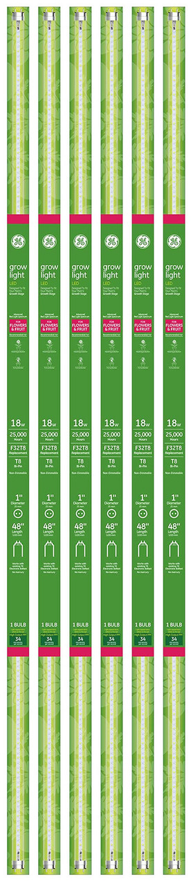 GE Grow Lights for Indoor Plants, T8 LED Light Bulbs for Flowers and Fruit with Advanced Red Light Spectrum, 25,000 Hours Lifespan, 34 PPF, 48 Inch, 6 Pack (Packaging May Vary)