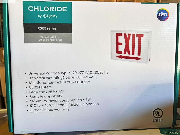 Signify Chicago  Approved CSE Series Exit Sign, CSEE1RWW,  LED Steel exit sign with battery, White with Red Letters, Chloride