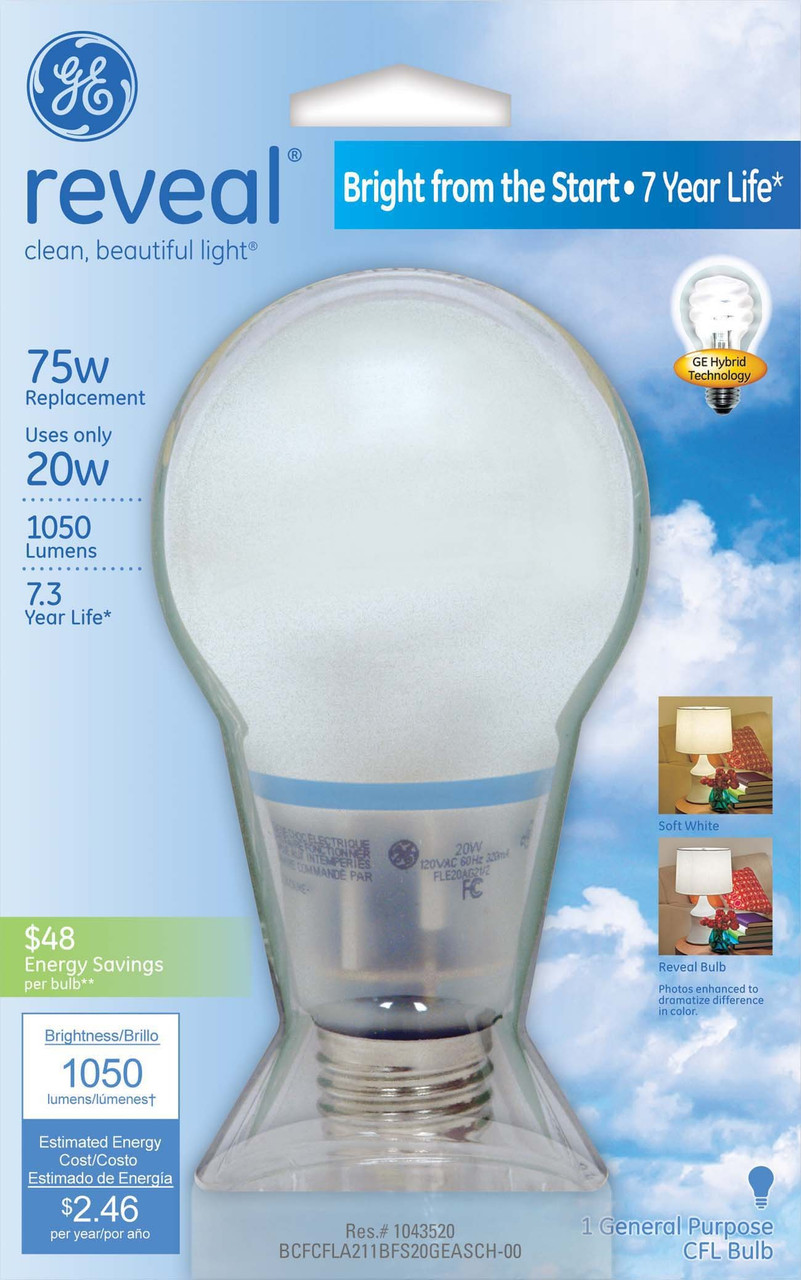GE Lighting 63509 Reveal Bright from the Start CFL 20-Watt (75-watt replacement) 1050-Lumen A21 Light Bulb with Medium Base, 1-Pack